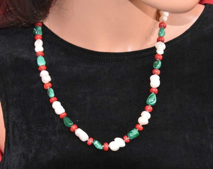 Malachite, chunky pearl and coral, handmade 23" necklace of contrasting colors