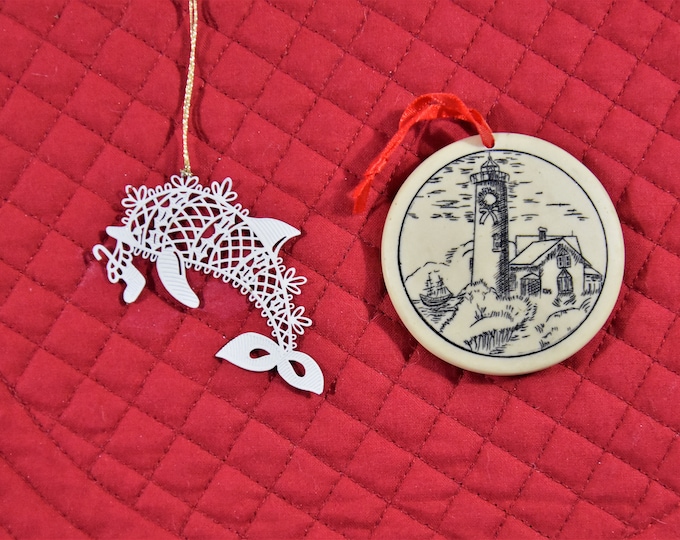 Lighthouse and dolphin/porpoise- two ocean themed ornaments sold together - from a New England estate
