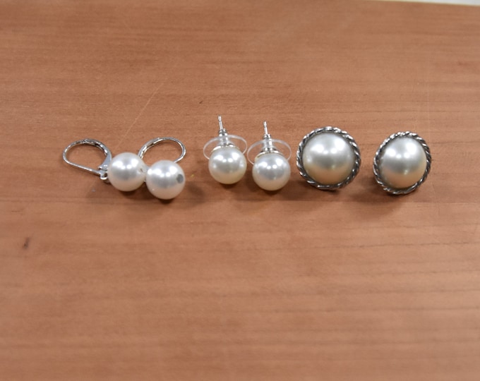 Three pairs of silver tone pearl earrings, vintage estate costume jewelry - 2 stud style, 1 leverback closure - from a New England estate