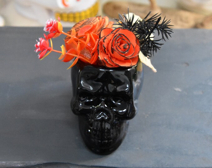 Small Skull planter with hand painted orange Sola wood succulents with black and orange fillers, Día de los Muertos, Halloween or year-round
