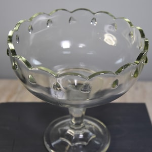 Elegant Indiana glass pressed crystal teardrop, scallop edge compote, candy, fruit bowl with green tint 1960s