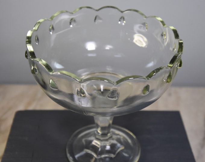 Elegant Indiana glass pressed crystal teardrop, scallop edge compote, candy, fruit bowl with green tint 1960s