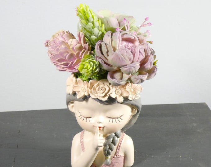 Small peaceful cute girl planter with flowers in her long hair filled with Sola wood airbrushed succulents & fillers, hostess, teacher gift