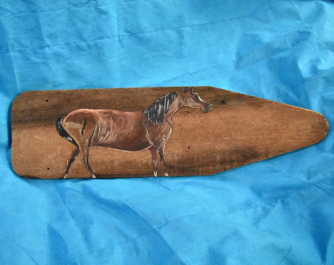 Vintage - antique, wooden fur pelt stretching board with painting of horse - from a New England estate