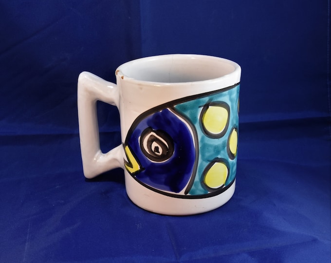 Vintage handmade, hand-painted Majolica large coffee mug made in Italy - needs some TLC -from a New England estate