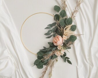 Floral Hoop Wreath, Eucalyptus Rose, Spring Wreath, Nursery Decor, Wall Hanging, Mother's Day Gift, Bridal Hoop Bouquet, Baby Shower Gift