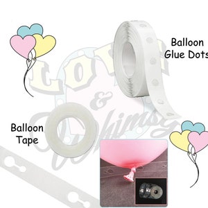 May include: An image showcasing balloon decorating supplies. It includes a roll of white balloon glue dots, a roll of balloon tape, and a demonstration of how to use the tape with a pink balloon. The text "Balloon Glue Dots" and "Balloon Tape" are visible.