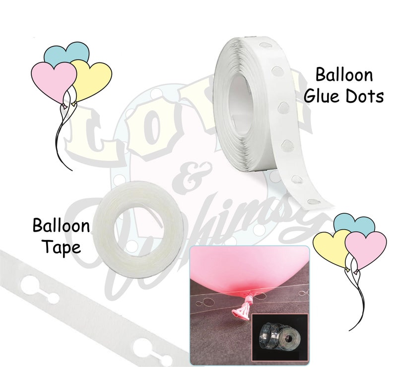 May include: An image showcasing balloon decorating supplies. It includes a roll of white balloon glue dots, a roll of balloon tape, and a demonstration of how to use the tape with a pink balloon. The text "Balloon Glue Dots" and "Balloon Tape" are visible.