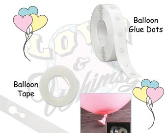 May include: Two rolls of clear balloon tape with adhesive dots. One roll is a clear tape with small holes for attaching balloons. The other roll is a clear tape with adhesive dots for attaching balloons. The image also shows a pink balloon attached to the clear tape with holes.