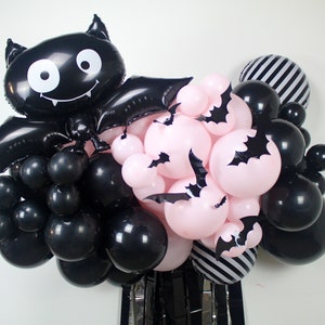 Pink and Black Halloween Balloon Garland Arch, Pastel Halloween, Bat Decor, Halloween Backdrop, Cute Halloween, Pastel Goth, Photo Backdrop image 6