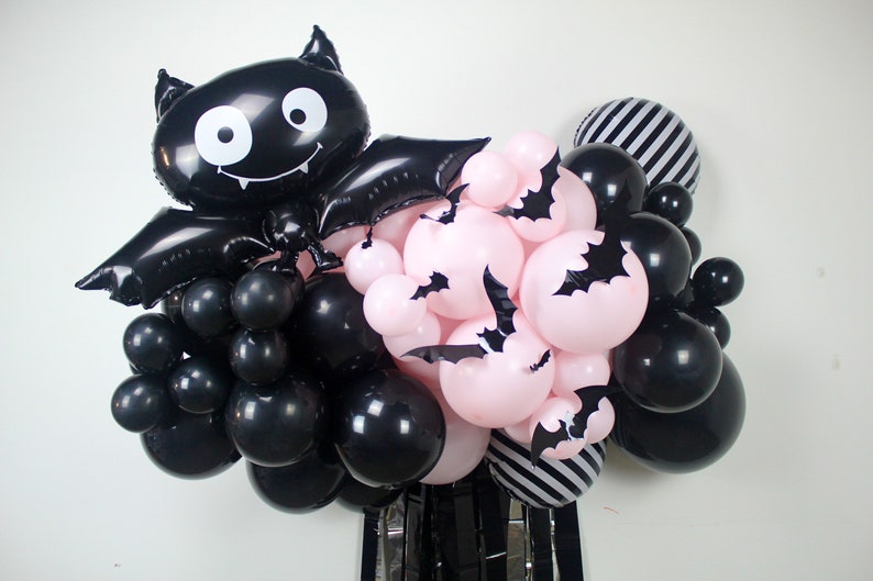 Pink and Black Halloween Balloon Garland Arch, Pastel Halloween, Bat Decor, Halloween Backdrop, Cute Halloween, Pastel Goth, Photo Backdrop image 6