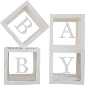 May include: Four white square boxes spelling out the word "BABY". Each box has a letter cut out in the center. The boxes are arranged to spell the word "BABY".