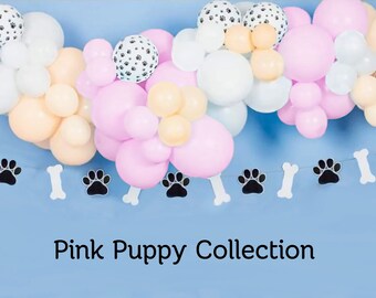 Kit de guirnalda de globos rosa melocotón "Let's Pawty" con diseño de perro / Decoración para fiestas de cumpleaños y baby showers con temática de cachorros en rosa melocotón y blanco / Kit de arco de globos con estampado de perro para armar tú mismo