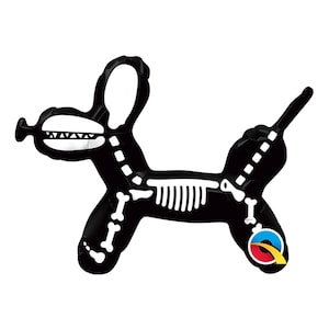 May include: A black balloon shaped like a dog with a white skeletal print on its body. The design features a skull, rib cage, and leg bones. A small circular logo with a red, blue, and yellow graphic is visible on the rear leg of the balloon.
