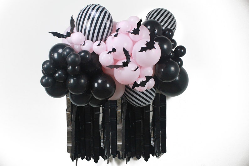 Pink and Black Halloween Balloon Garland Arch, Pastel Halloween, Bat Decor, Halloween Backdrop, Cute Halloween, Pastel Goth, Photo Backdrop image 3