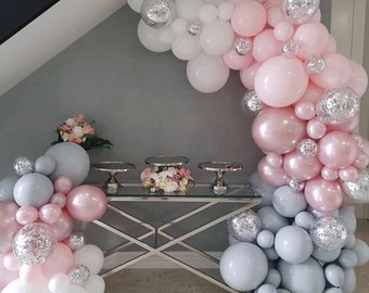 DIY Dreamy Pink Grey Silver Chrome and Confetti Balloon Garland Kit | Girl Baby Shower | Pink Birthday | Pink and Silver Decorations