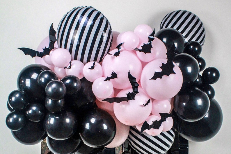 Pink and Black Halloween Balloon Garland Arch, Pastel Halloween, Bat Decor, Halloween Backdrop, Cute Halloween, Pastel Goth, Photo Backdrop image 9