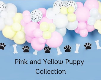 Kit de guirnalda de globos rosa y amarillo con diseño de perrito para fiestas de cumpleaños de niñas y baby showers / Kit de arco de globos DIY con estampado de perro