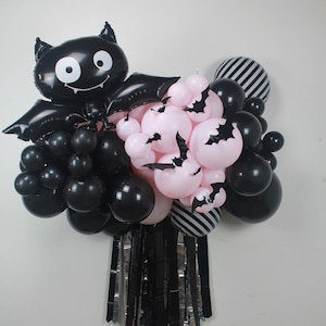 Pink and Black Halloween Balloon Garland Arch, Pastel Halloween, Bat Decor, Halloween Backdrop, Cute Halloween, Pastel Goth, Photo Backdrop image 1