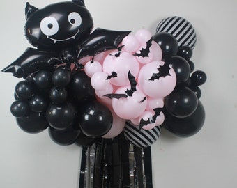 Pink and Black Halloween Balloon Garland Arch, Pastel Halloween, Bat Decor, Halloween Backdrop,  Cute Halloween, Pastel Goth, Photo Backdrop