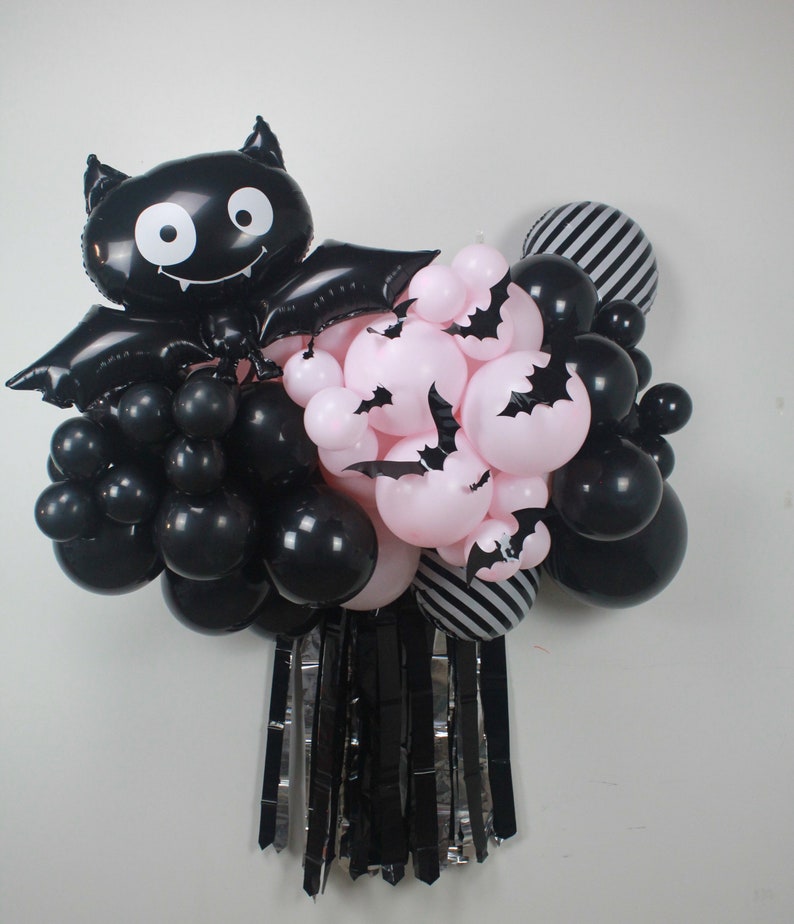 Pink and Black Halloween Balloon Garland Arch, Pastel Halloween, Bat Decor, Halloween Backdrop, Cute Halloween, Pastel Goth, Photo Backdrop image 1