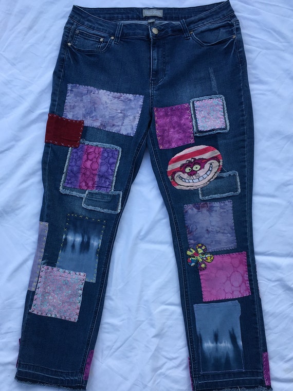 Hand Stitched Patch Jeans Size 14 