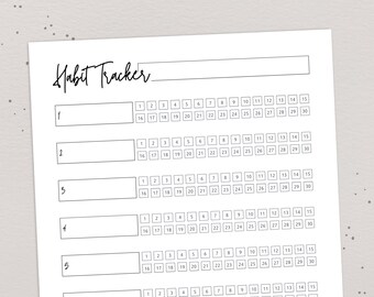 May include: A black and white habit tracker with a blank space at the top for a title. The tracker is divided into six sections, each with a number and a grid of 30 squares. The squares are numbered 1-30, with the numbers 16-30 appearing below the numbers 1-15.