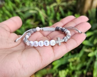 Pink Zebra Jasper Beaded Bracelet: Silver Cross, Faith Letters