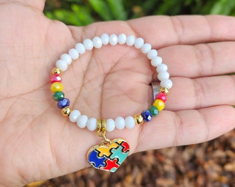 Autism Awareness Bracelet: Rainbow Rondelle Beaded Heart Puzzle Charm