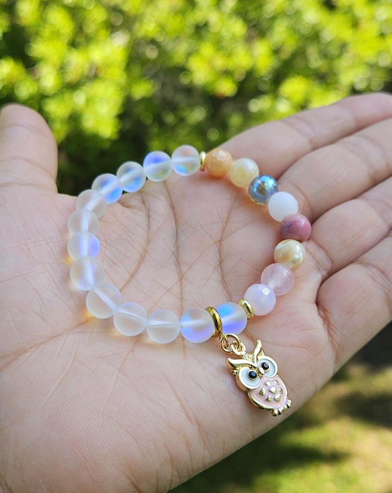 Women,kids,unisex owl glass opal beaded bracelet,wisdom bracelet