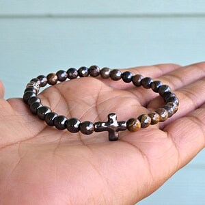 Tiger eye yellow silverite faceted men beaded bracelet ,religious cross beaded bracelet,hematite beaded bracelet