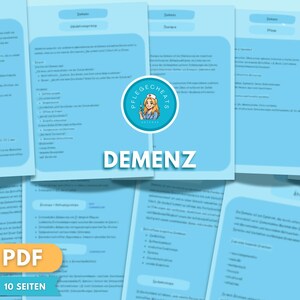 Könnte beinhalten: Ein digitales Dokument mit dem Titel DEMENZ, bestehend aus mehreren hellblauen Textseiten. Ein kreisförmiges Logo in der Mitte zeigt eine gezeichnete Pflegekraft mit dem Text PFLEGECHEATS. Ein orangefarbenes Feld unten links zeigt PDF 10 SEITEN.