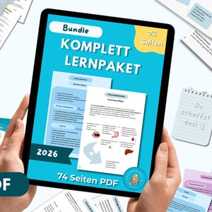 May include: A digital tablet displaying a 74-page educational PDF bundle titled KOMPLETT LERNPAKET 2026. The screen shows study notes on pharmacokinetics with German text, diagrams of a stomach and liver, and a blue circular logo with a nurse illustration.
