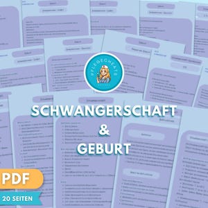 Può includere: Una raccolta di venti pagine PDF color viola chiaro contenenti informazioni mediche su gravidanza e parto. Il testo include il titolo SCHWANGERSCHAFT & GEBURT e un logo circolare con un'infermiera e la scritta PFLEGECHEATS.