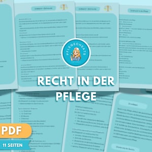 May include: A collection of light blue digital documents titled RECHT IN DER PFLEGE, featuring a circular logo with a nurse illustration and the text PFLEGECHEATS. The pages contain German text, bullet points, and a PDF label with 11 SEITEN.