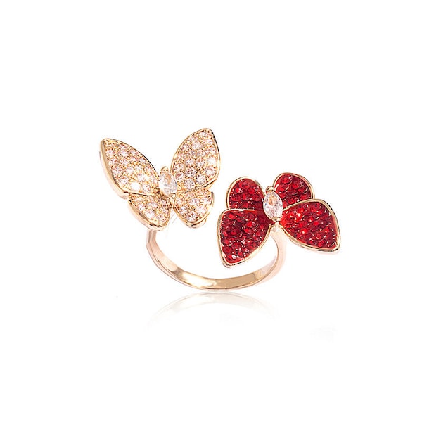Two-Color Double Butterfly Ring, CZ diamond Ring, Adjustable Ring, two finger ring, Two Butterfly Ring, 14k gold plated, clover ring