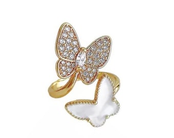 Adjustable Ring, Two Butterfly Ring, Two finger ring, Gift for her, Gold jewelry, Fashion ring, Unique ring, shell butterfly, clover ring