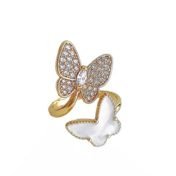 Adjustable Ring, Two Butterfly Ring, Two finger ring, Gift for her, Gold jewelry, Fashion ring, Unique ring, shell butterfly, clover ring