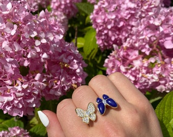 Butterfly Ring, Open ring, Gift for her, 14K Gold plated jewelry, Fashion ring, Unique ring, Two Butterfly Ring, cz diamond ring