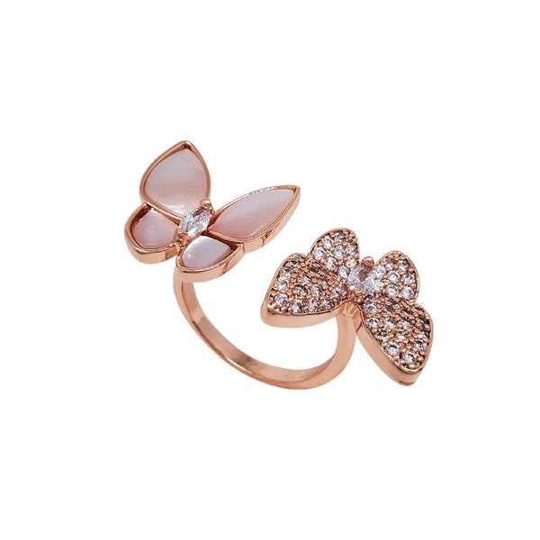 Butterfly Ring, Open ring, Gift for her, Rose Gold jewelry, Fashion ring, Unique ring, cz diamond Ring, Two Butterfly Ring, clover ring