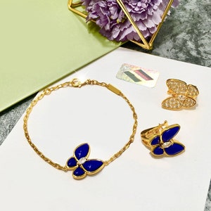 Sapphire Butterfly, Two Butterfly Necklace, 925 Silver jewelry, 18K Gold Plated, Diamond Butterfly jewelry, four leaf clover