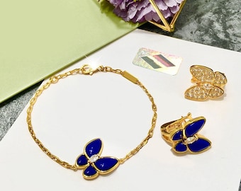 Mariposa de zafiro, collar de dos mariposas, joyería de plata 925, chapado en oro de 18 quilates, joyería de mariposa de diamantes, trébol de cuatro hojas