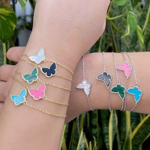 Butterfly Bracelet, Alambra bracelet, 925 sterling silver 18K gold plated bracelet, mother of pearl, onyx, malachite, four leaf clover