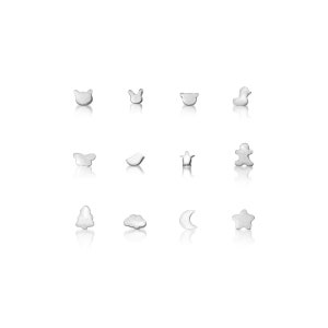 May include: Twelve silver charm earrings with various designs, including a cat, bunny, bear, bird, butterfly, bird, turtle, gingerbread man, Christmas tree, cloud, crescent moon, and star.