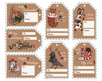 Christmas Animals Gift Tag Sheet - Printable Tags- Instant Download- Digital Download- Holiday Labels