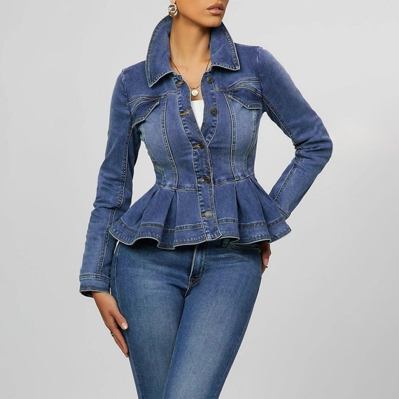 Women Denim Jacket Ruffle Hem Slim Fit Women Short Jeans | Etsy