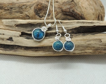 Apatite Pendant and Earrings - Handwoven in Silver Plated Wire