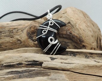 Black Agate Moon Pendant - Handwoven into Silver Plated Wire