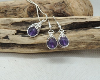 Amethyst Pendant and Earrings - Handwoven in Silver Plated Wire - Grade A
