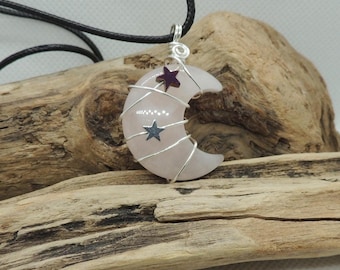 Rose Quartz Moon Pendant - Handwoven into Silver Plated Wire